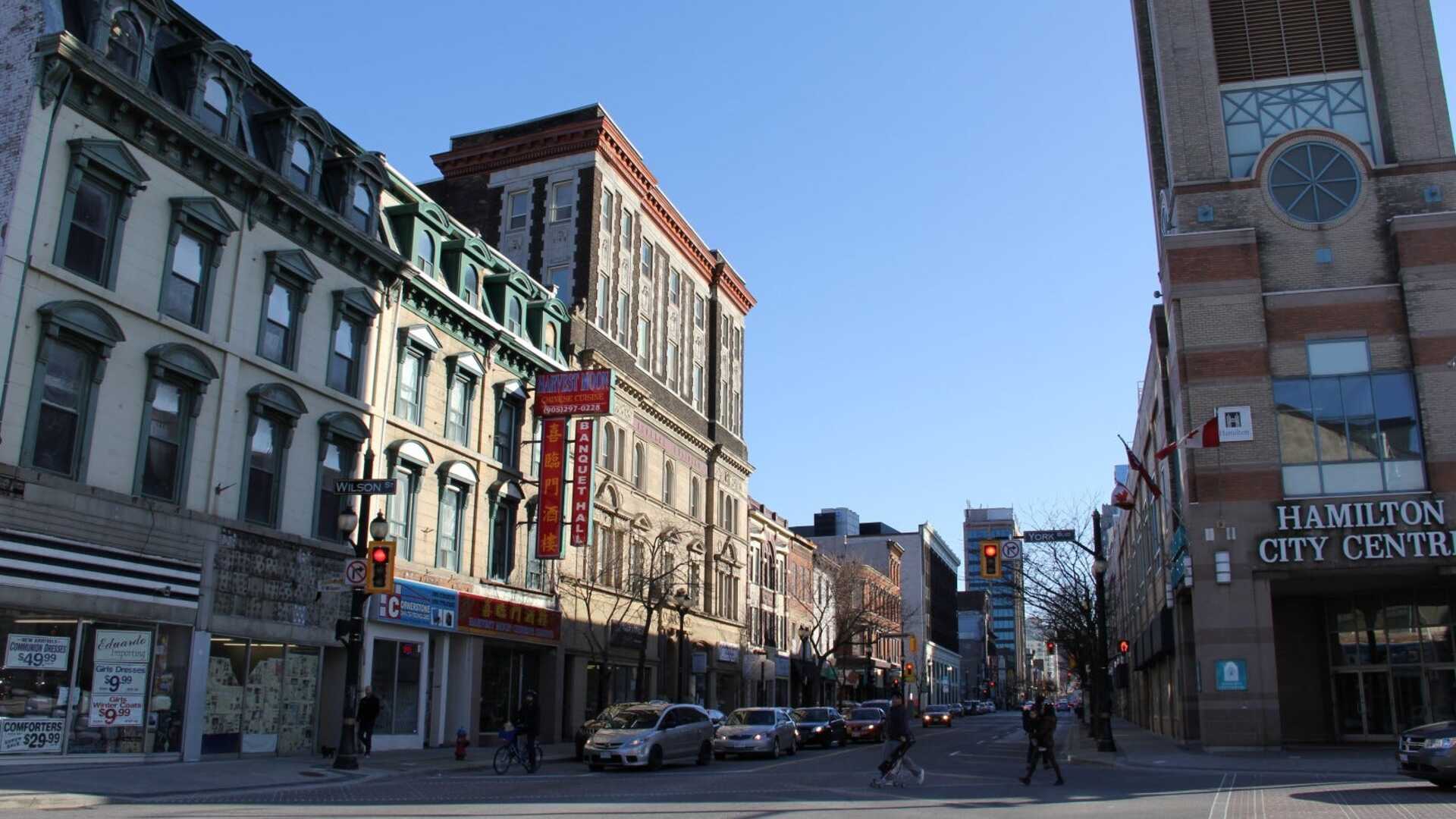 Downtown Hamilton skyline with heritage buildings and condos in the core