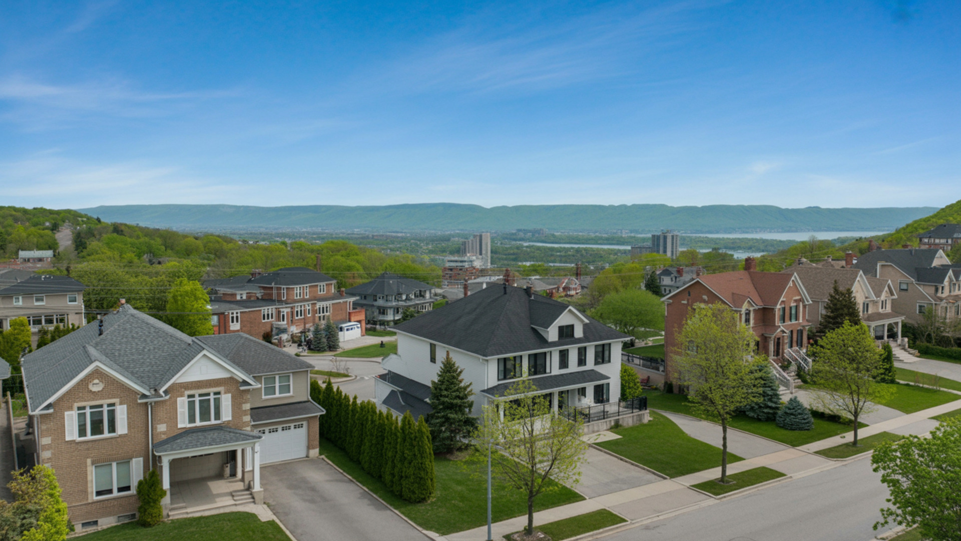 Residential street of family homes on Hamilton Mountain above the Niagara Escarpment
